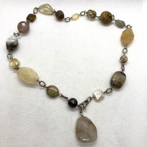 Vintage Quartz Agate Citrine Pearl 18'' Bead Necklace Sterling 925‎ Silver 48.8g